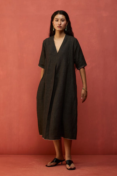 Maki Pleated Linen Dress - Charcoal