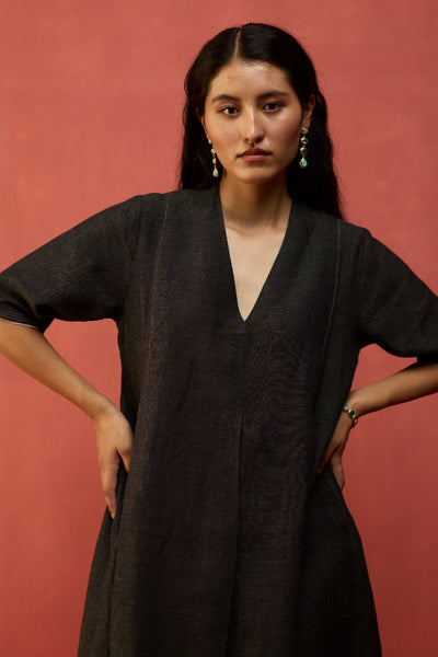 Maki Pleated Linen Dress - Charcoal