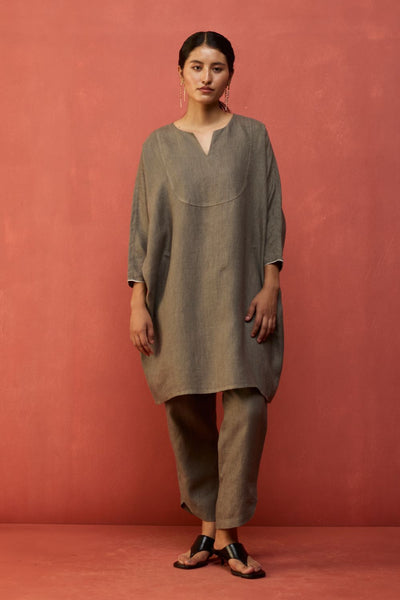 Etsu Yoke Linen Kurta - Grey
