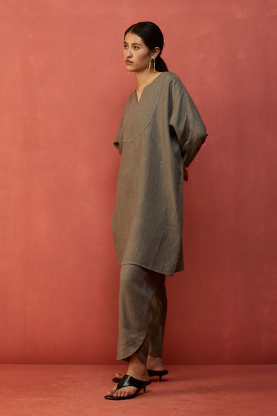 Etsu Yoke Linen Kurta - Grey