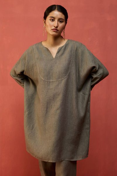 Etsu Yoke Linen Kurta - Grey