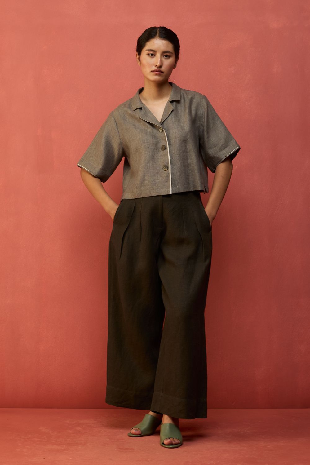 Kiera Cuban Collar Linen Co-ord Set - Grey