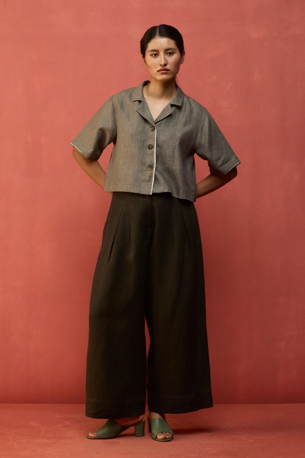 Kiera Cuban Collar Linen Co-ord Set - Grey