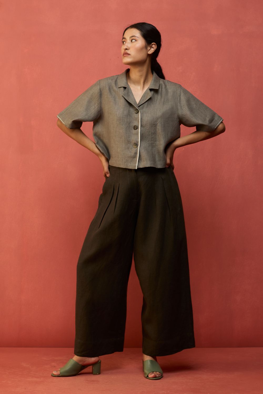 Kiera Cuban Collar Linen Co-ord Set - Grey