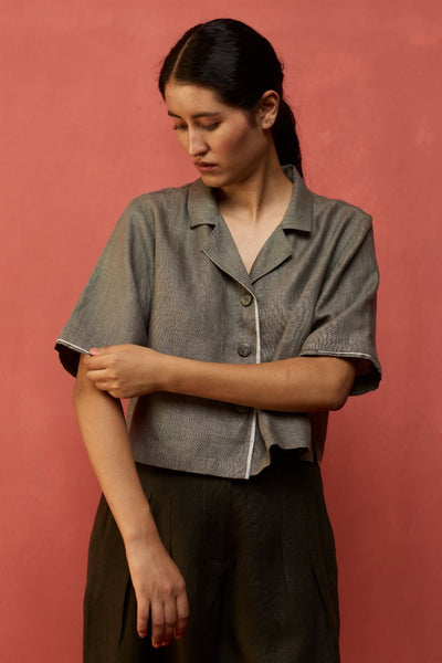 Kiera Cuban Collar Linen Shirt - Grey