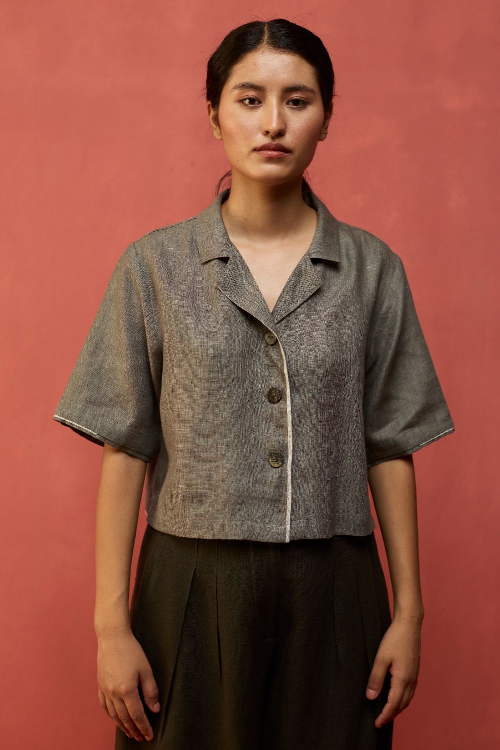 Kiera Cuban Collar Linen Shirt - Grey