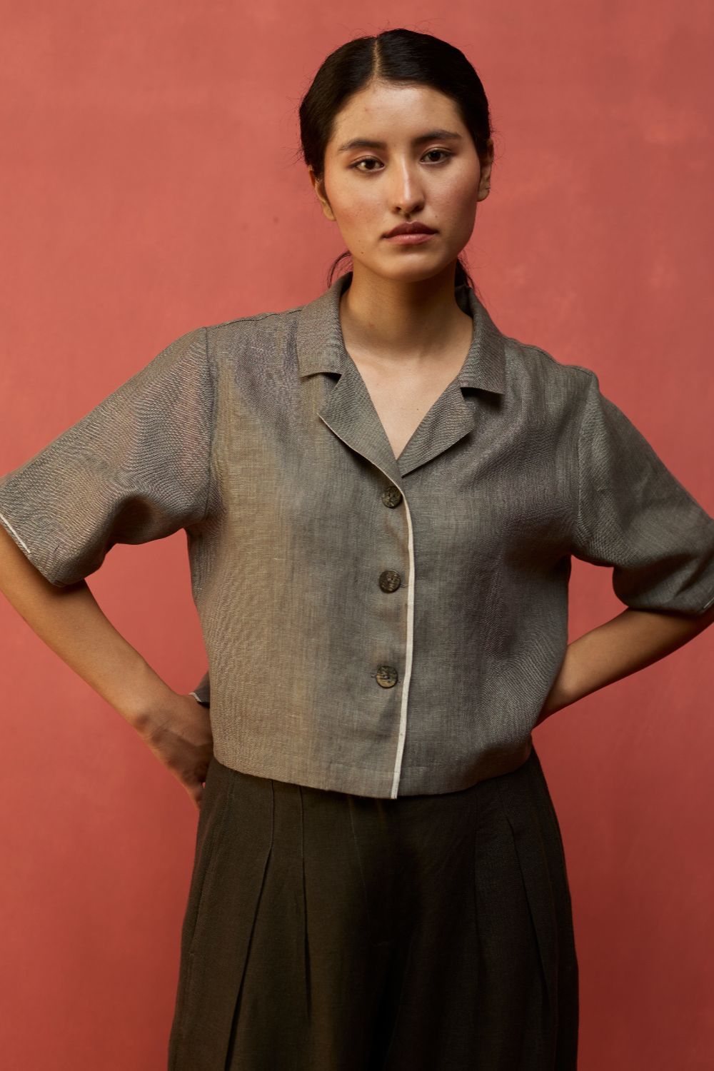 Kiera Cuban Collar Linen Shirt - Grey