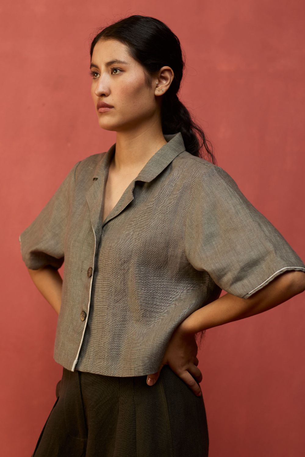 Kiera Cuban Collar Linen Shirt - Grey