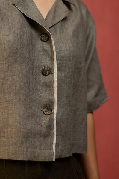Kiera Cuban Collar Linen Shirt - Grey