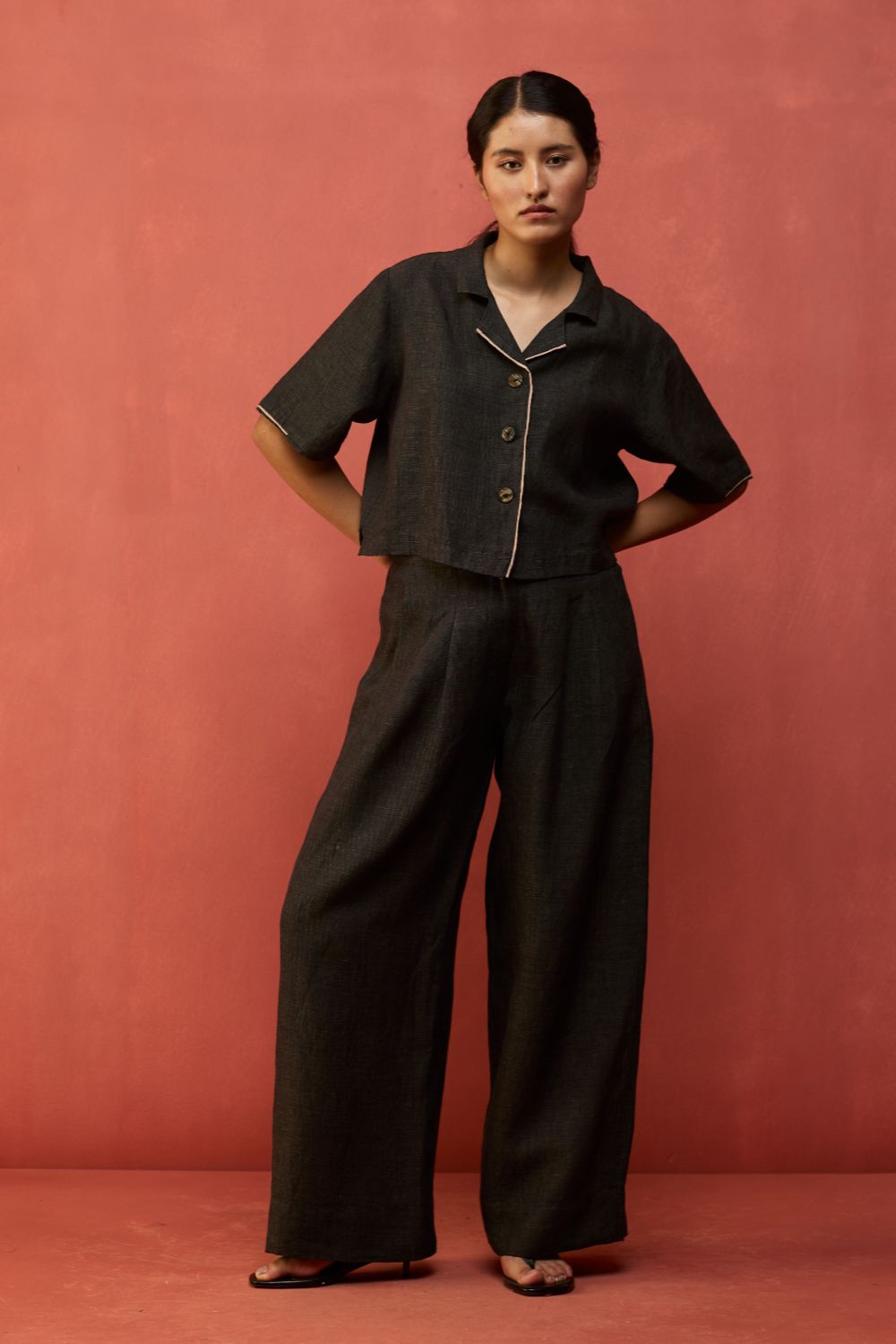 Kiera Cuban Collar Linen Shirt - Charcoal