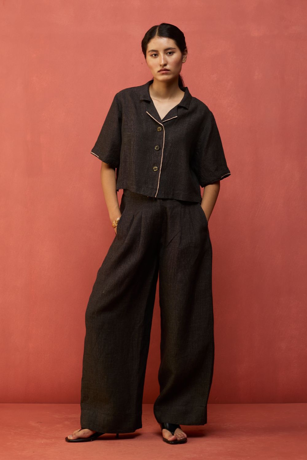 Kiera Cuban Collar Linen Shirt - Charcoal