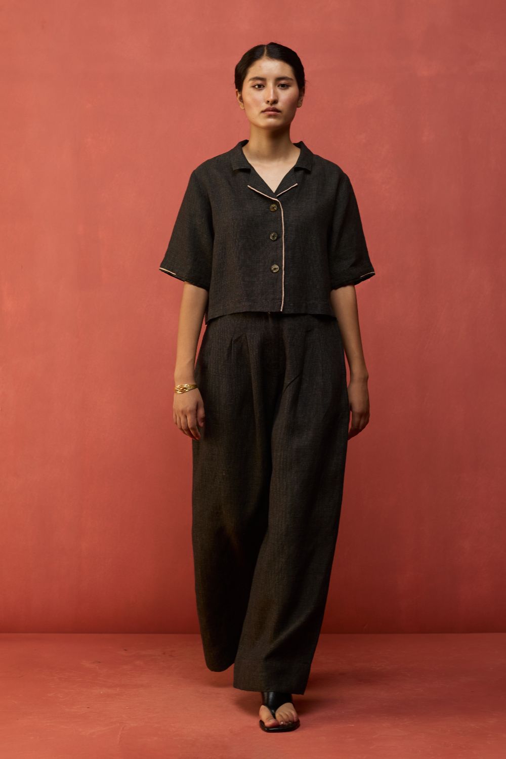 Kiera Cuban Collar Linen Shirt - Charcoal