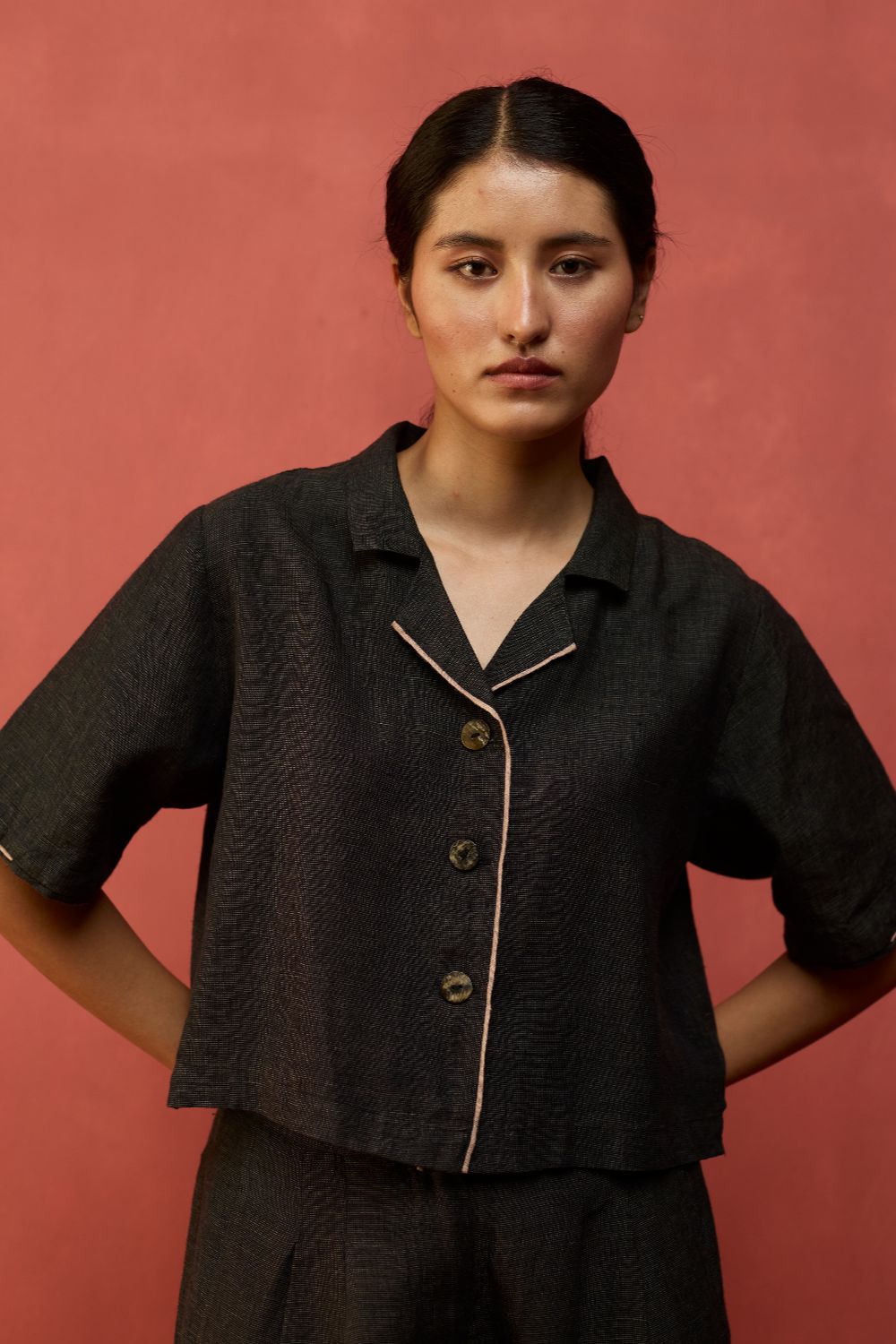 Kiera Cuban Collar Linen Shirt - Charcoal
