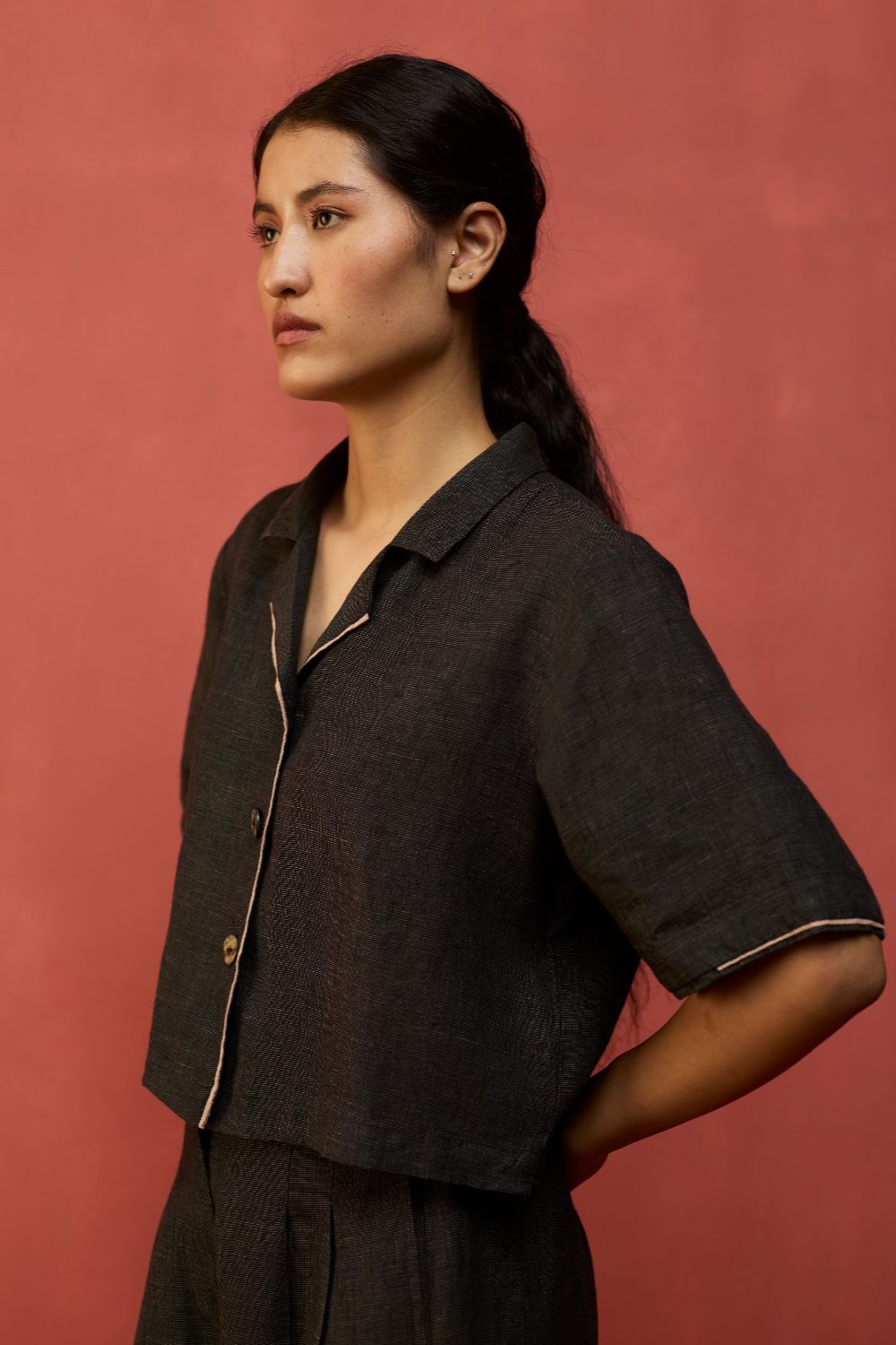 Kiera Cuban Collar Linen Shirt - Charcoal