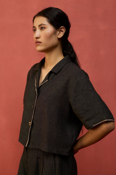 Kiera Cuban Collar Linen Shirt - Charcoal