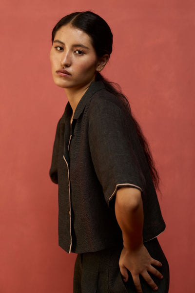 Kiera Cuban Collar Linen Shirt - Charcoal