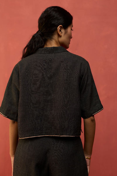 Kiera Cuban Collar Linen Shirt - Charcoal