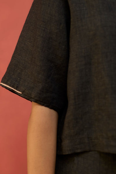 Kiera Cuban Collar Linen Shirt - Charcoal