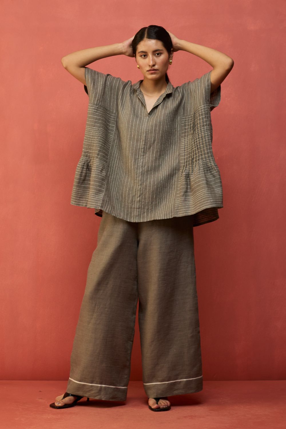 Bonnie Pleated Stripe Linen Top - Grey