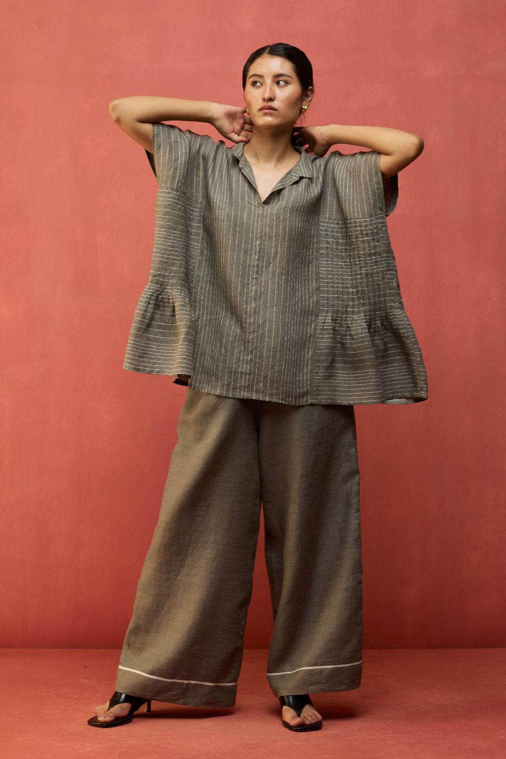 Bonnie Pleated Stripe Linen Top - Grey