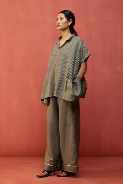 Bonnie Pleated Stripe Linen Top - Grey