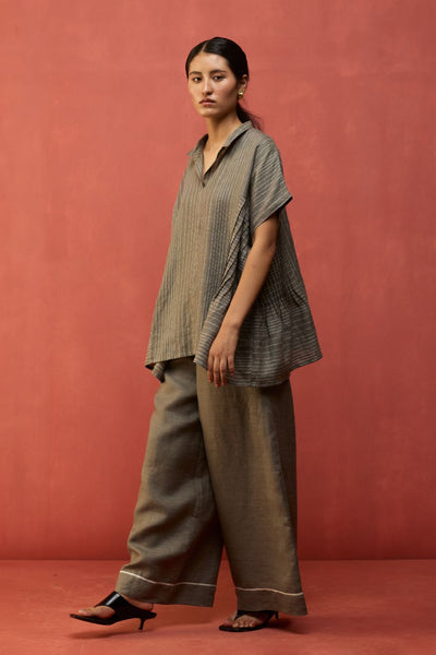 Bonnie Pleated Stripe Linen Top - Grey