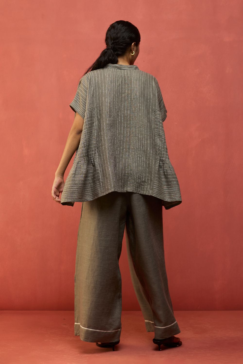Bonnie Pleated Stripe Linen Top - Grey
