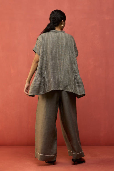 Bonnie Pleated Stripe Linen Top - Grey