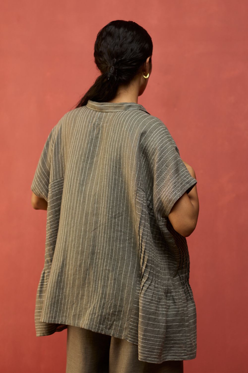 Bonnie Pleated Stripe Linen Top - Grey