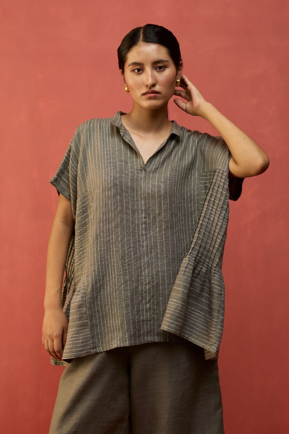Bonnie Pleated Stripe Linen Top - Grey