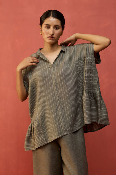 Bonnie Pleated Stripe Linen Top - Grey