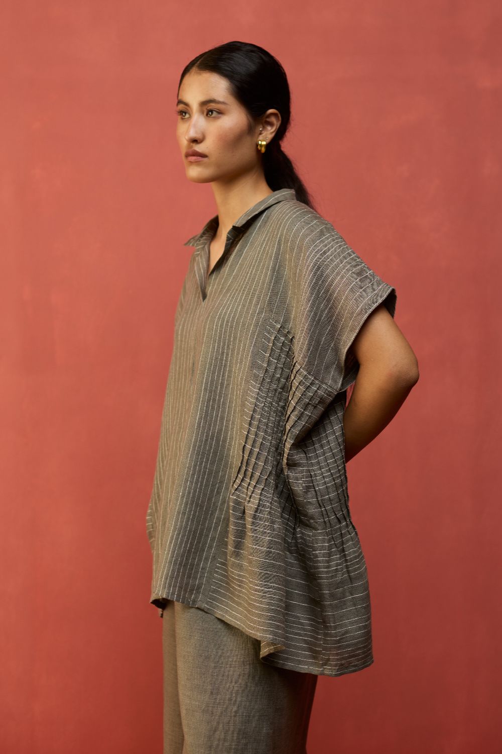 Bonnie Pleated Stripe Linen Top - Grey