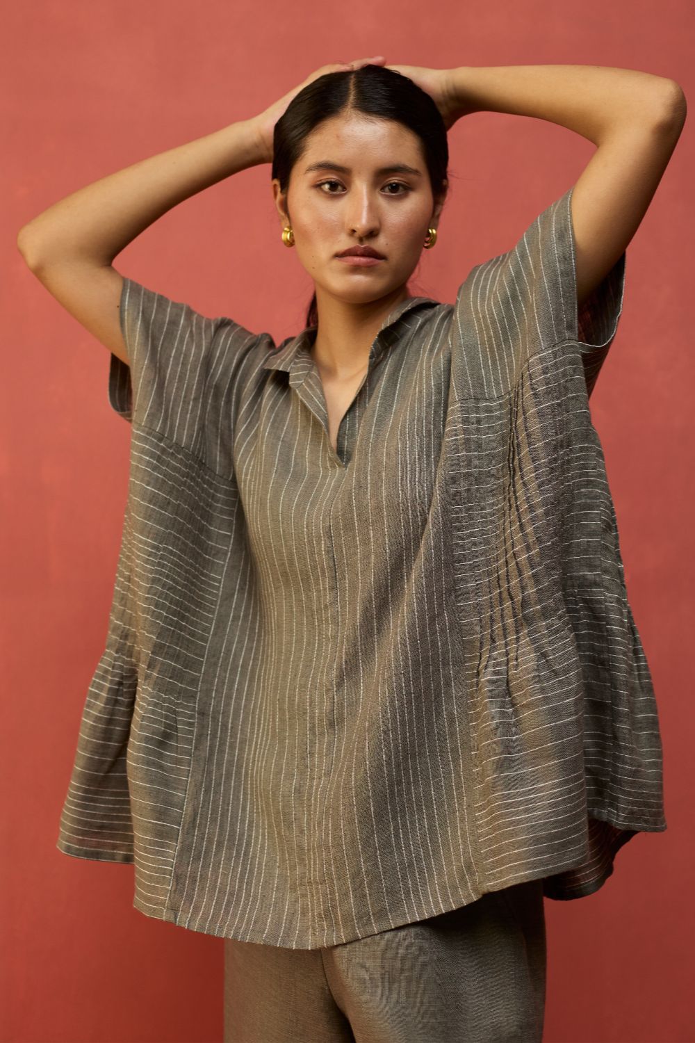 Bonnie Pleated Stripe Linen Top - Grey