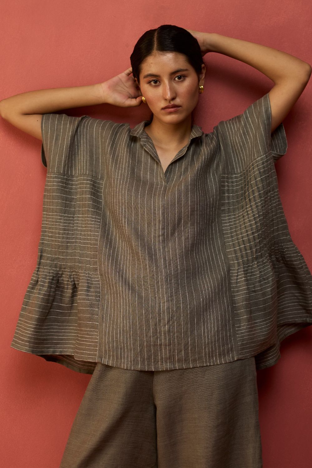 Bonnie Pleated Stripe Linen Top - Grey