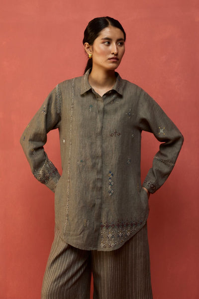 Kira Hand-Embroidered Linen Shirt - Grey