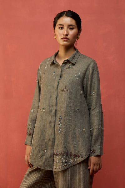 Kira Hand-Embroidered Linen Shirt - Grey