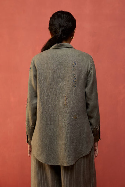 Kira Hand-Embroidered Linen Shirt - Grey