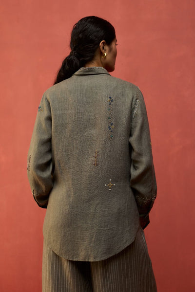Kira Hand-Embroidered Linen Shirt - Grey