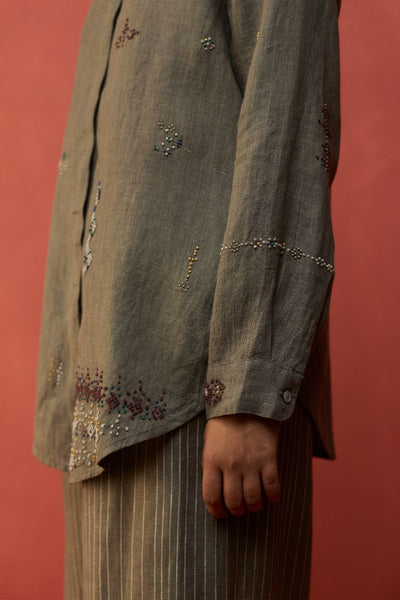 Kira Hand-Embroidered Linen Shirt - Grey
