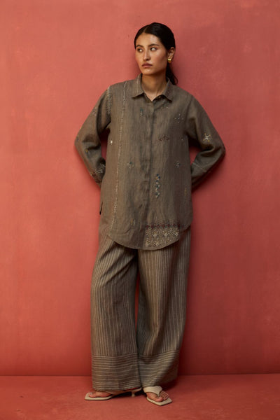 Kira Hand-Embroidered Linen Shirt - Grey