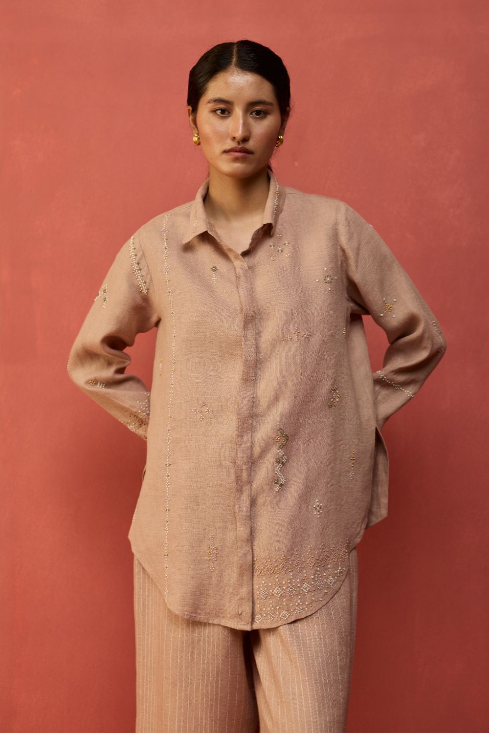 Kira Hand-Embroidered Linen Shirt - Dusty Rose