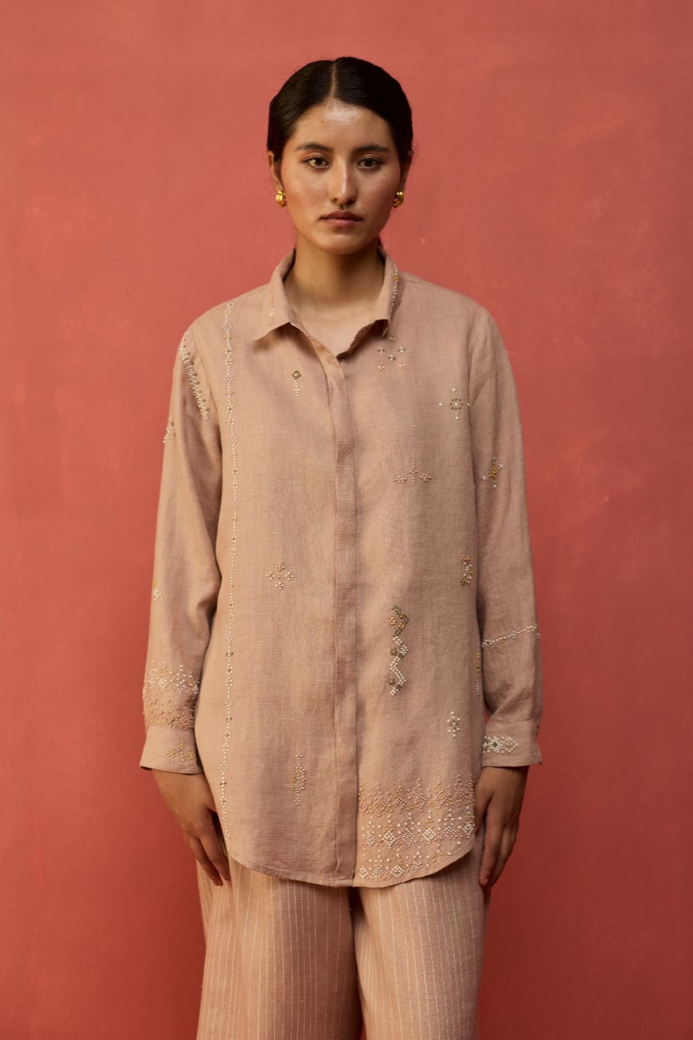 Kiera Cuban Collar Stripe Linen Shirt - Dusty Rose