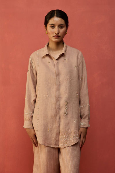 Kiera Cuban Collar Stripe Linen Shirt - Dusty Rose
