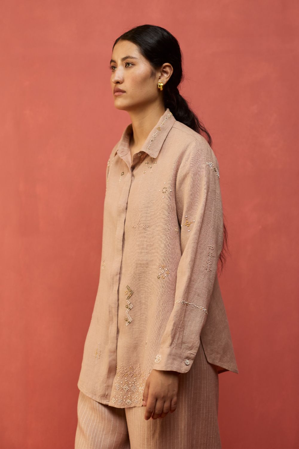 Kiera Cuban Collar Stripe Linen Shirt - Dusty Rose