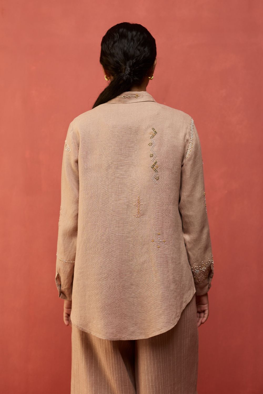 Kiera Cuban Collar Stripe Linen Shirt - Dusty Rose