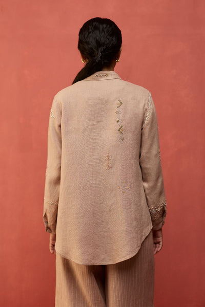 Kiera Cuban Collar Stripe Linen Shirt - Dusty Rose