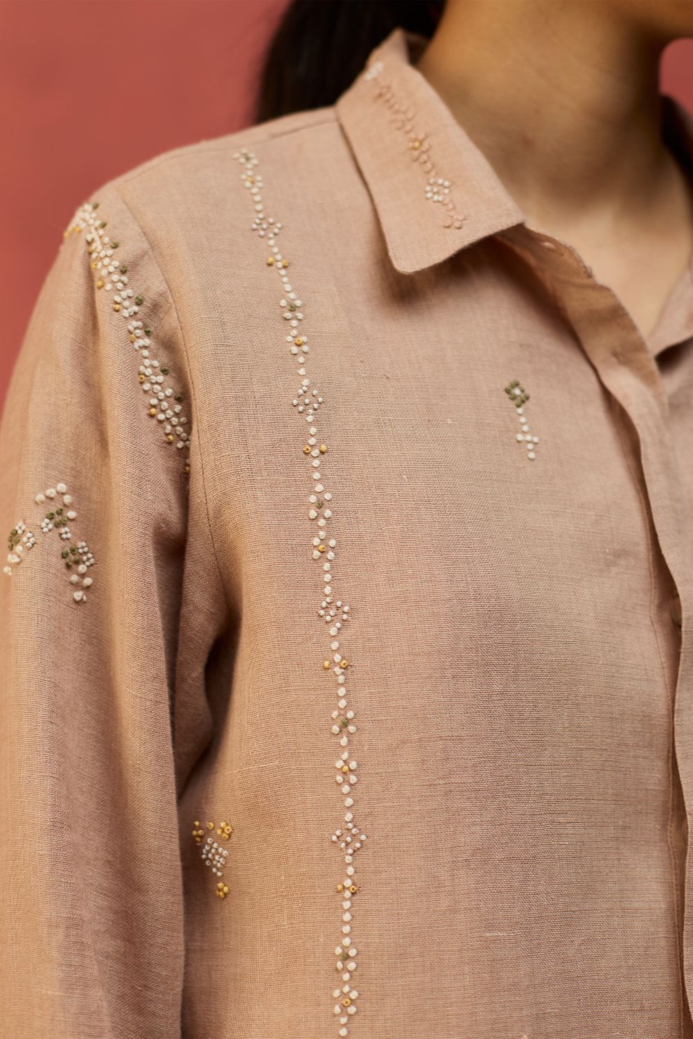 Kiera Cuban Collar Stripe Linen Shirt - Dusty Rose