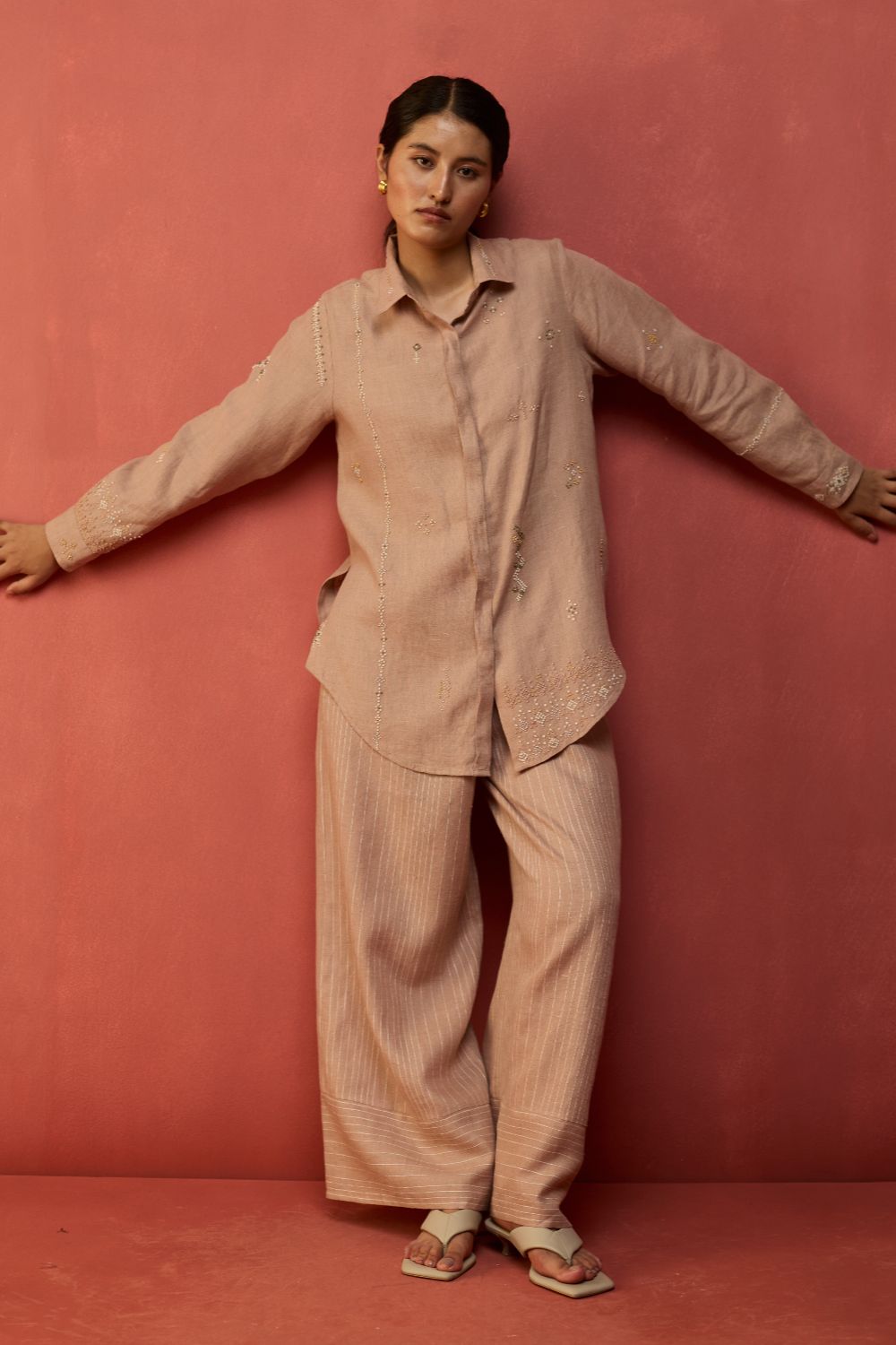 Kiera Cuban Collar Stripe Linen Shirt - Dusty Rose