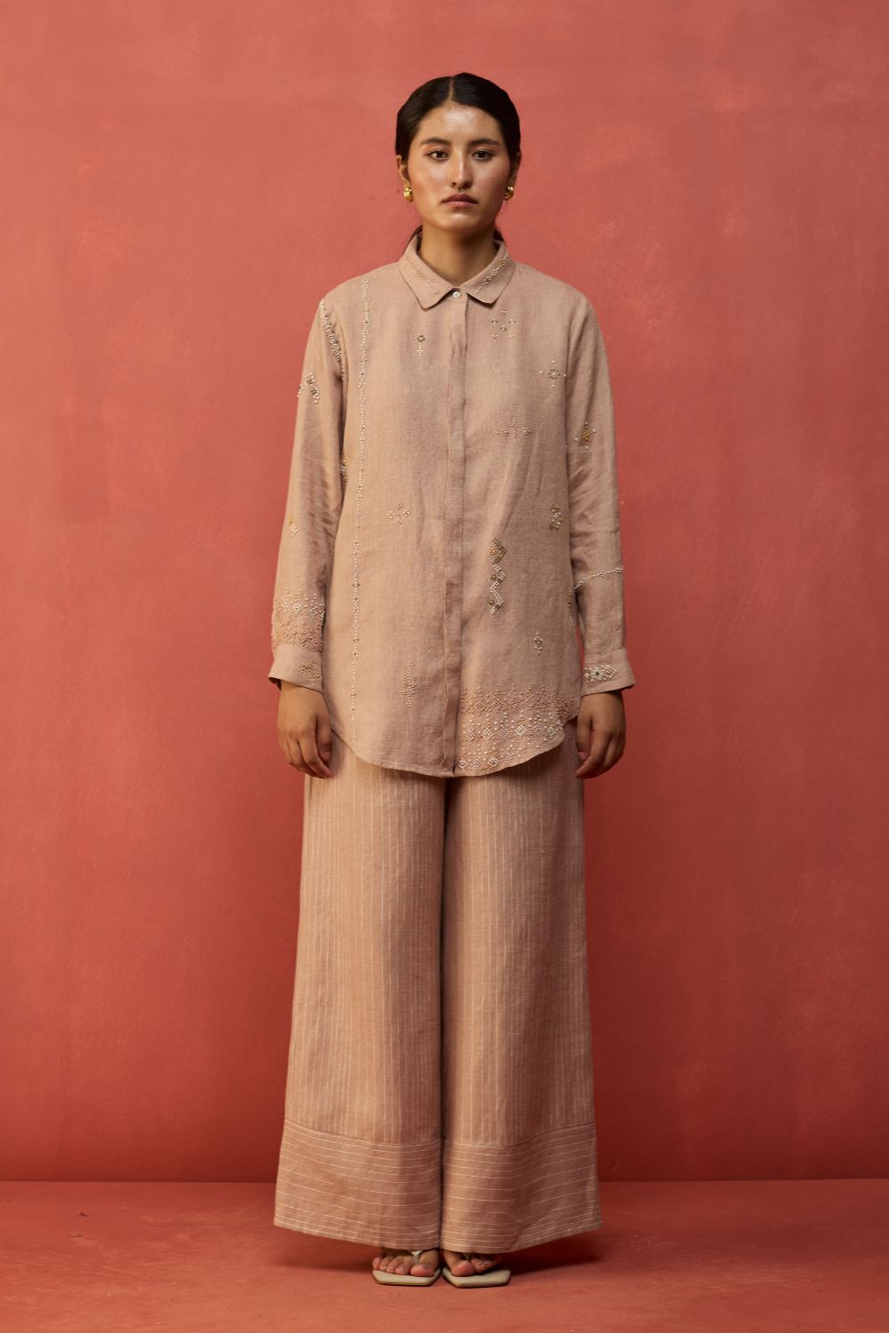 Kiera Cuban Collar Stripe Linen Shirt - Dusty Rose