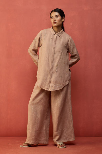 Kiera Cuban Collar Stripe Linen Shirt - Dusty Rose